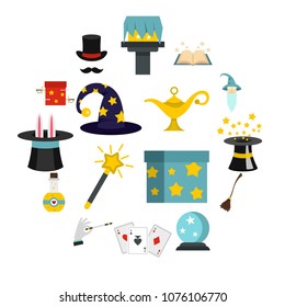 Iconos mágicos establecidos en estilo plano. Dibujo vectorial de colección Magic tricks