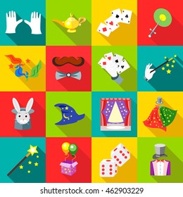 Magic icons set in flat style. Magician tools set collection vector illustration