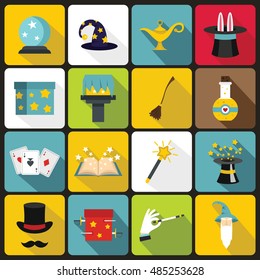 Magic icons set in flat style. Magic tricks set collection vector illustration