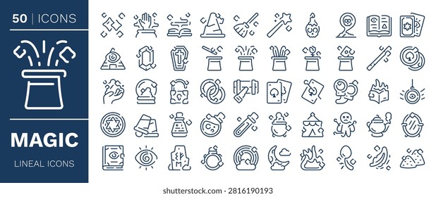 Magic icons set in line design. Including magic, spell, wand, potion, cauldron, wizard, sorcery icons and more. Outline icons collection.