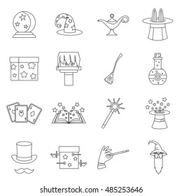Magic icons set in outline style. Magician tools set collection vector illustration