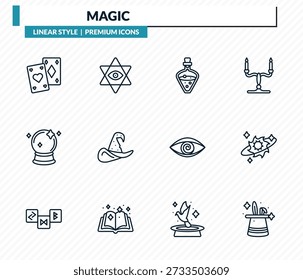 conjunto de ícones mágicos - jogando cartas, esotérico, poção, feitiço, truque coleção de vetores de contorno.