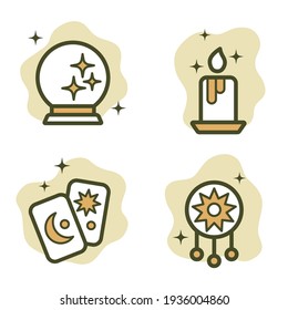 Magic icons set. Vector flat illustration isolated on white background. Magic ball, dream catcher, tarot, candle. Elements of magic illustration line icon.