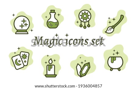 Magic icons set. Vector flat illustration isolated on white background. Magic ball, potion, dream catcher, broom, tarot, candle,  crystal and pot. Elements of magic illustration line icon.