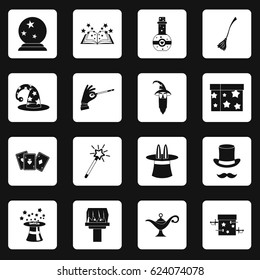 Magic icons set in white squares on black background simple style vector illustration