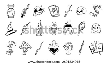 Magic icons. Which tarot wizard astrology mystery symbols, cartoon magician crystal bottle potion cauldron alchemy esoteric witchcraft objects. Vector magic isolated set.