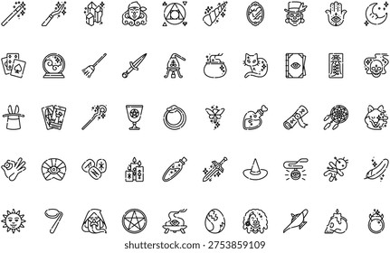 Magic Icons Wizard Wand Esoteric Ritual Art . Perfect modern icons on editable stroke.