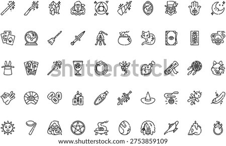 Magic Icons Wizard Wand Esoteric Ritual Art . Perfect modern icons on editable stroke.