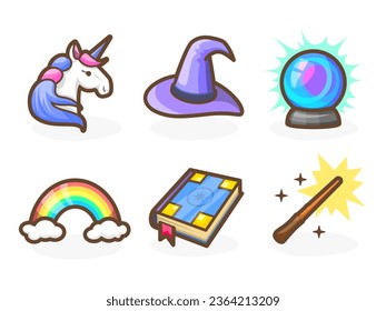 Magic icons for your game app. Bright remarkable UI elements. Good for animation. Unicorn, wizard hat, magic ball, rainbow and others. Vector illustration for your business.