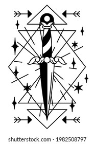 Magische Illustration mit uralter Dagger. Mystische, Alchemie, Spiritualität und Tattookunst.
