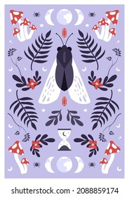 Magic illustration for cards, merch, decor. Mystic floral print with butterfly, moon, herbs, flowers, mushrooms, leaves, plants.Botanical bohemian wall art, banner. Vector flat isolated.