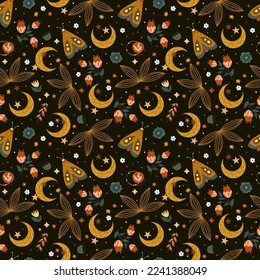 Magic illustration crescent, moth, flowers. vector pattern
