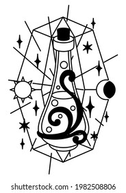 Magic illustration with elixir. Mystic, alchemy, spirituality and tattoo art.