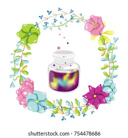 Magic illustration with fairy flowers wreath and a jar of space. Hand drawn vector design for girls and children clothes. 