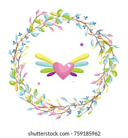 Magic illustration with fairy flowers wreath and a heart and wings. Hand drawn vector design for girls and children collections 