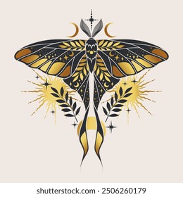 Magic illustration of golden moth. Flying butterfly alchemy logo design. Magic moon, occult, print, poster.