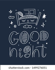 Magic illustration with hand lettering and doodles icon. Beautiful childish night elements Good night. Sweet dreams. Vector eps10, letter logotype. Isolated graphic. Modern linear label, emblem.
