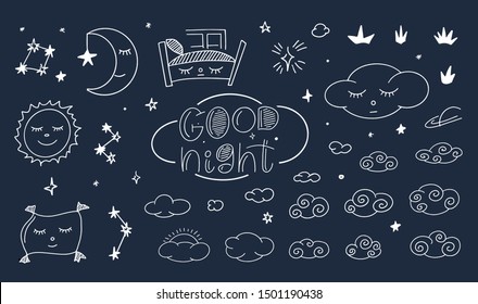 Magic Illustration With Hand Lettering And Doodles Icon. Beautiful Childish Night Elements. Sweet Dreams, Bed Time, Smile Sleep. Vector Eps10, Logotype. Isolated Graphic. Modern Linear Set.