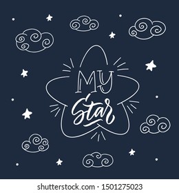 Magic illustration with hand lettering and doodles icon. Beautiful childish elements. Sweet dreams, sleep, cosmos, good night. Vector eps10, logotype. Isolated graphic. Modern linear.