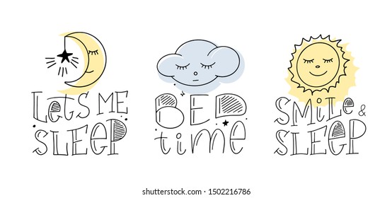 Magic illustration with hand lettering and doodles icon. Beautiful childish night elements. Sweet dreams, bed time, smile, sleep. Vector eps10, logotype. Isolated graphic. Modern linear label, emblem.