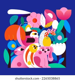 Magic Illustration for Happy Easter Day. Bunnies, festive eggs, a ladybug that symbolizes spring and many, many fabulous flowers.