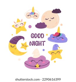 Magic illustration with moon, stars, clouds. Set of cute space elements in kawaii style. Children's poster, postcard to the room with a good night wish
