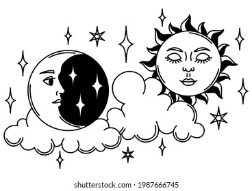 Magic illustration with sun and moon. Mystic, alchemy, spirituality and tattoo art.