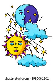 Magic illustration with sun and moon. Mystic, alchemy, spirituality and tattoo art. Isolated vector print
