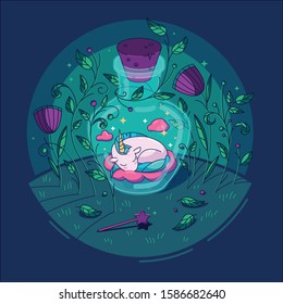 magic illustration. the unicorn in the bottle glows