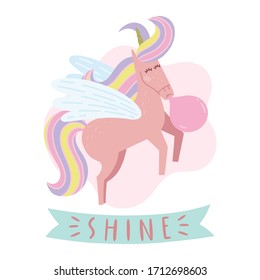 Magic illustration with unicorn cartoon character. Cute nursery art drawing with quote, "Shine". Good for baby clothes or greeting card. 