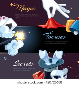 Magic illustrations for template of web banners. Cartoon vector pictures of magic ellements. Advertizing with place for your text is decorated with magic pictures  