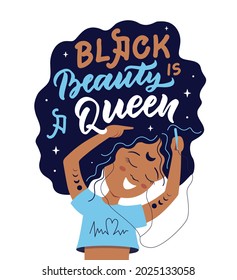 The Magic image with cartoon afro girl. The lettering phrase - Black beauty is a queen. Baby girl is good for girl day designs, magician posters, and cards, etc. Vector illustration