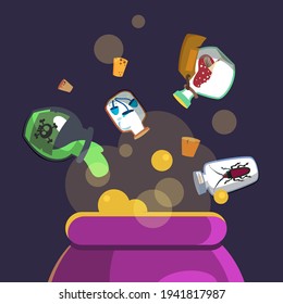 Magic ingredients added to cauldron with potion. Poison, mushroom, glass flat vector illustration. Witchcraft and alchemy concept for banner, website design or landing web page