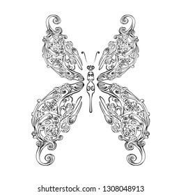Magic ink drawn butterfly .Wings for flash tattoo. Psychedelic hallucination.  vector illustration. Butterfly illustration for coloring book.