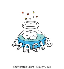 Magic. The inscription with the jar in which the potion is brewed.