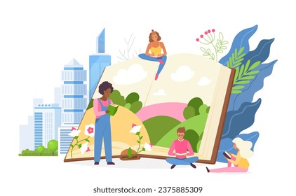 Magic inspiration from reading books vector illustration. Cartoon tiny happy people read creative story and novel book, think and enjoy art creation of author, fantasy and inspiration feelings