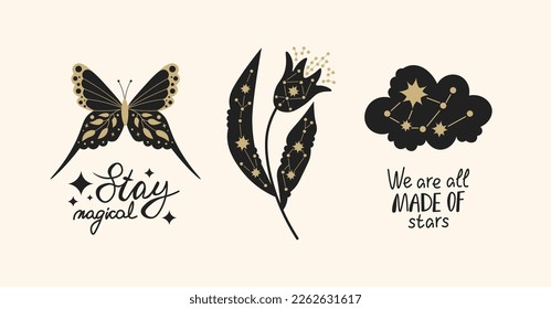 Magic inspirational elements set. Vintage hand drawn collection with black and gold vector illustrations of butterfly, flower, cloud and motivation inscriptions