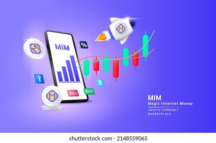 Magic Internet Money coin crypto currency and spaceship flying leave smartphone to the sky on stock chart. App for trading token in stock market. Mobile banking cryptocurrency. 3d Vector. 