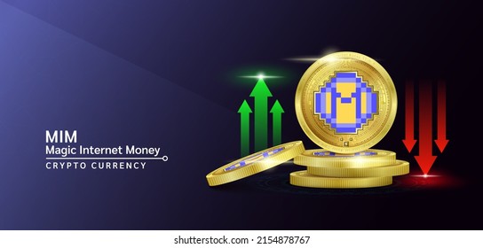 Banner de criptodivisa de token de Magic Internet Money. Futura moneda en el mercado bursátil de blockchain con flechas rojas-verdes arriba y abajo. Monedas de oro cripto monedas. Cartel de noticias de fondo morado.