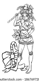 Magic isolated cartoon character in full growth, pretty girl bunny with deer horns and long hair, with big eyes and ears, in new years cap with pompon, with orange and candy, in dress and high boots.
