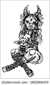 Magic isolated character, fairytale mystical creature, girl amazon with big horns and long braids, with round earrings and flowers on her head, in fur boots with belts, sits with a small gremlin.