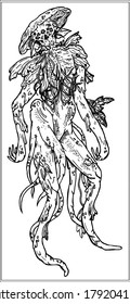 Magic isolated character - monster, fairytale dark giant mushroom with large, powerful legs, roots and tentacles, tall and harsh, with sharp ears, many eyes and various sprouts all over body.