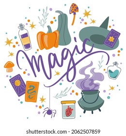 Magic items for the celebration of the day of all saints. Cute Halloween print with cartoon elements and lettering. Welcome to the Halloween Party. Hand drawn illustration for holiday decorations, pos