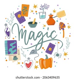 Magic items for the celebration of the day of all saints. Cute Halloween print with cartoon elements and lettering. Welcome to the Halloween Party. Hand drawn illustration for holiday decorations, pos