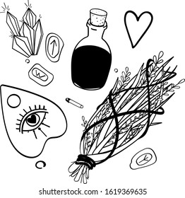 Magic items collection. Hand drawn doodle vintage vector stock illustration. 