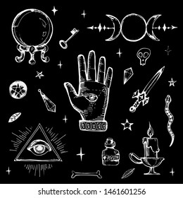 Magic items collection. Witchcraft signs and objects set for ritual. Wiccan symbols. Hand drawn doodle vintage stock vector illustration on black background