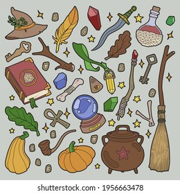 Magische Gegenstände. Handzeichnung. Illustration zu Halloween. 