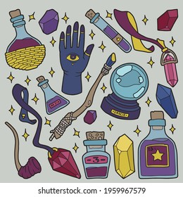 Magic items. Hand drawing illustration. Illustration for Halloween. 
