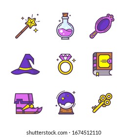 Magic items icons set. Wand, hat, potion bottle, ring, spell book, mirror, seven-league boots, ball, golden key. Vector illustrations in flat outline style. 