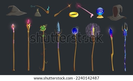 Magic items, mage and wizard. Equipment, magic staff with enchantments and spells. Light effects, lightning energy. Game inventory types, hat, cape hood, pipe with a pouch. Vfx. Vector illustration.